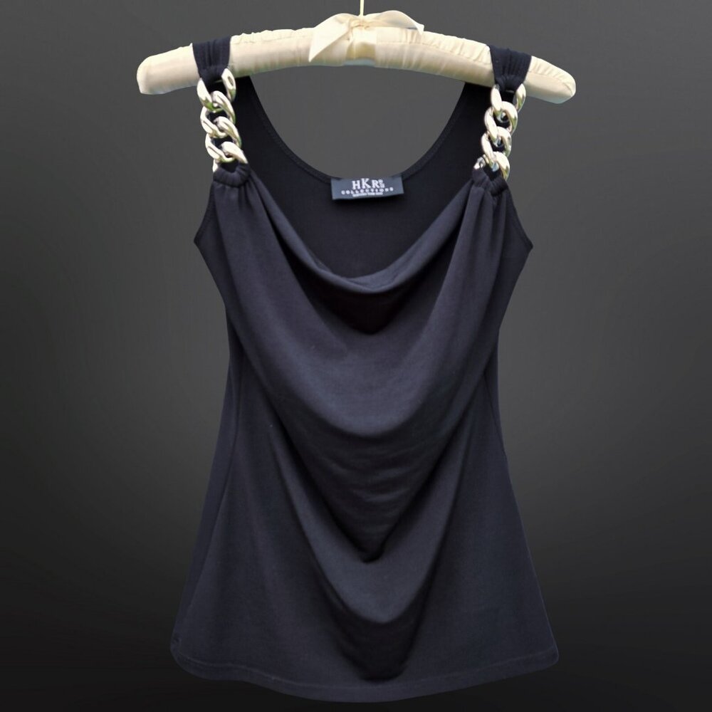 Y2K Black Tank Top Silver chunky chain straps Size S McBling Gothic Grunge